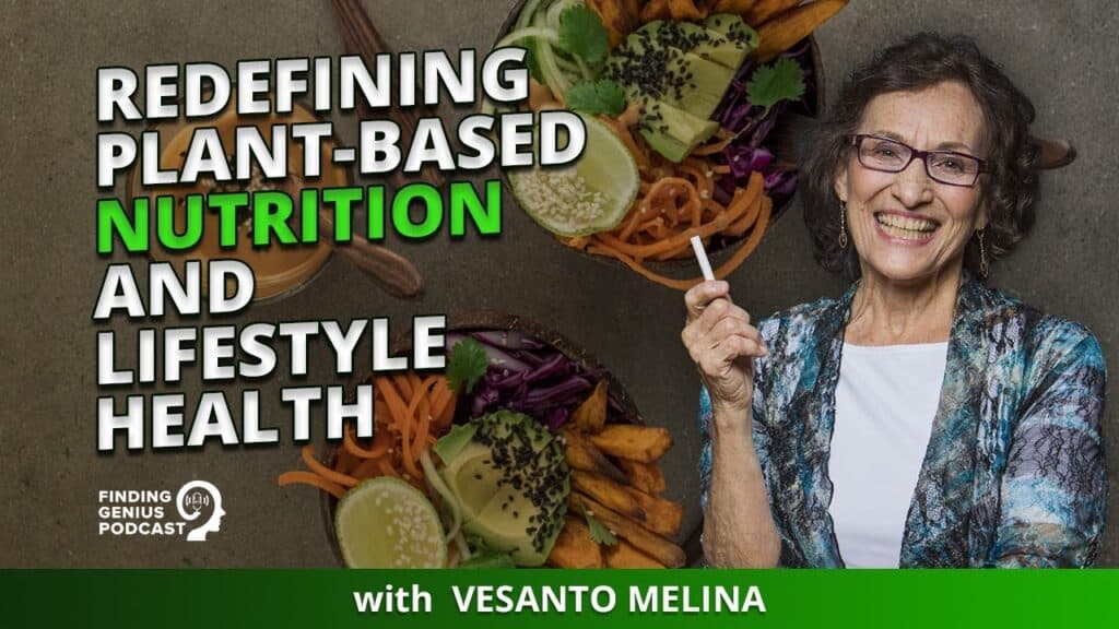 Plant-based nutrition podcast with healthy dish.