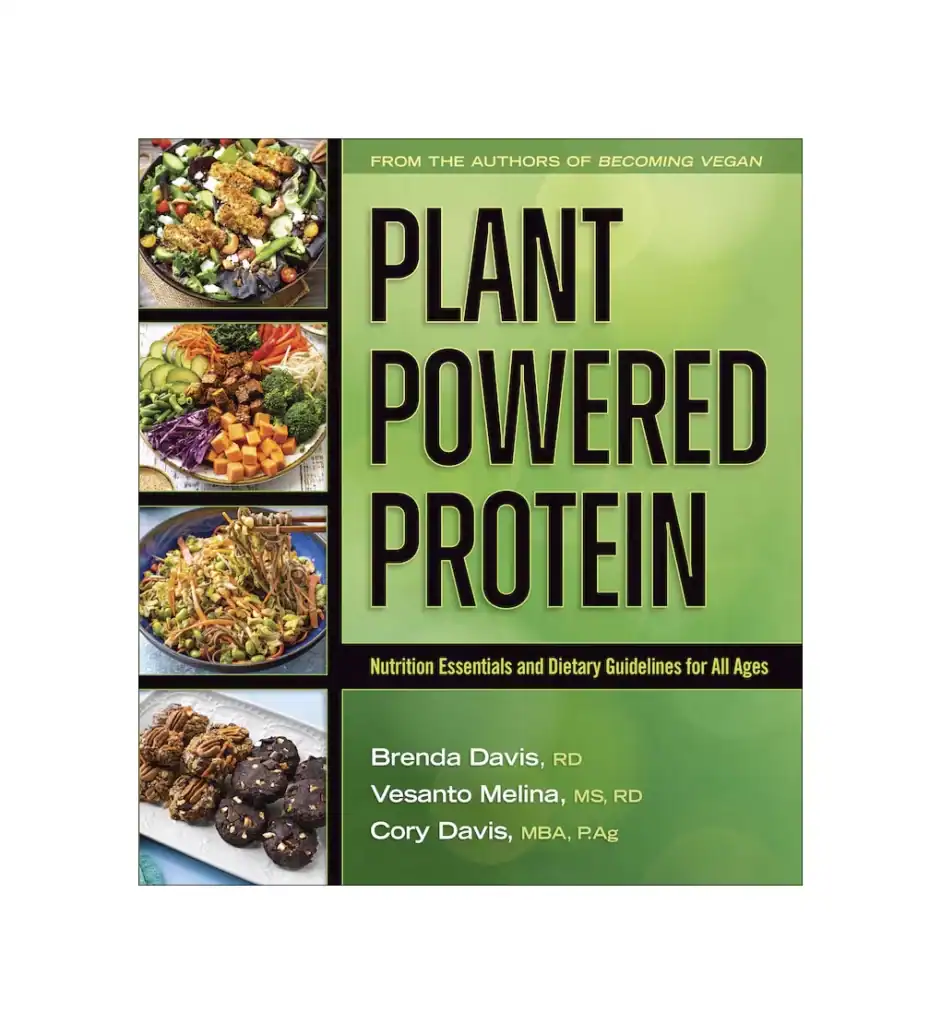 Cover of "Plant-Powered Protein" featuring colorful plant-based dishes and snacks.