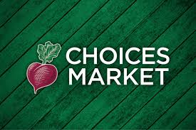 Choices Market logo with fresh produce illustration, emphasizing healthy shopping options.