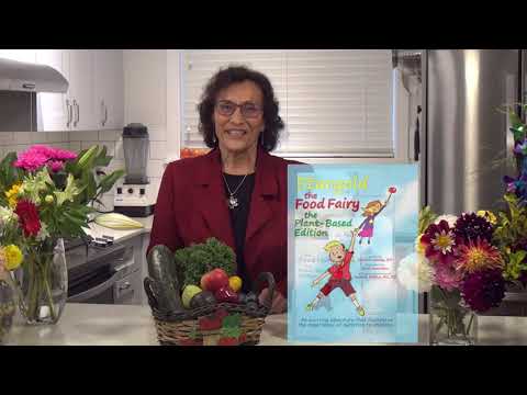 Healthy food fairy with fruits and vegetables in a kitchen setting.