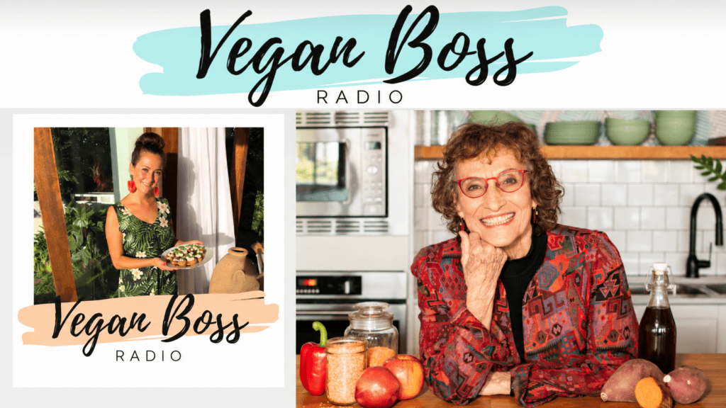 Vegan Boss Radio graphic featuring two women and fresh produce